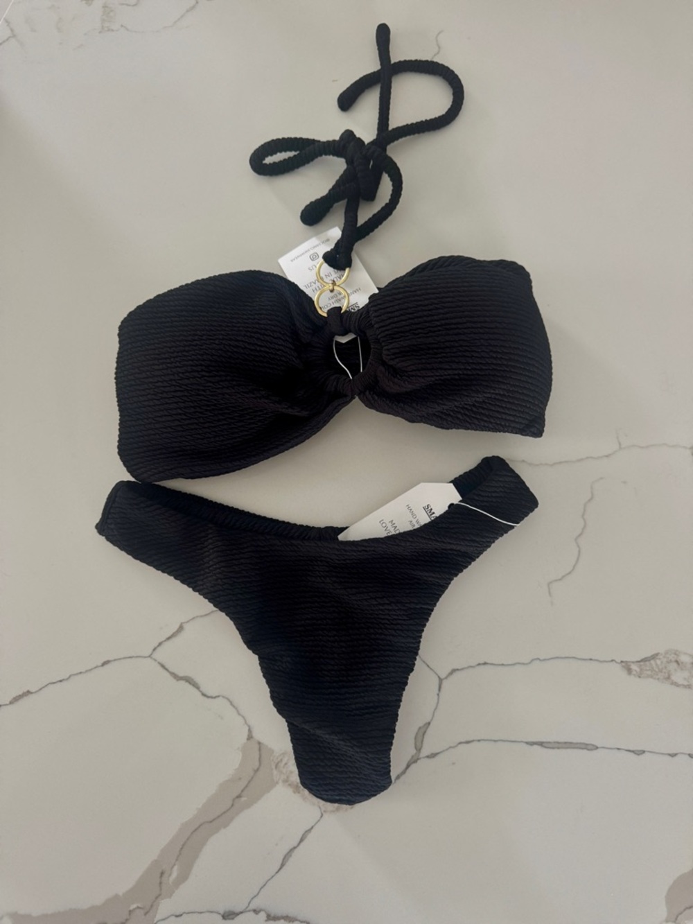 Textured Black Bandeau Bikini Set with Ring Accent